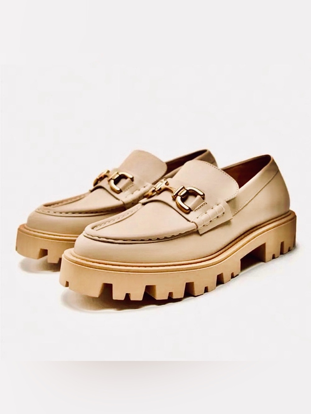 NWT Zara Loafers LEATHER SHOES Lug Sole Gold Tone Bit SZ US 6/UK 36 COMFY CHIC